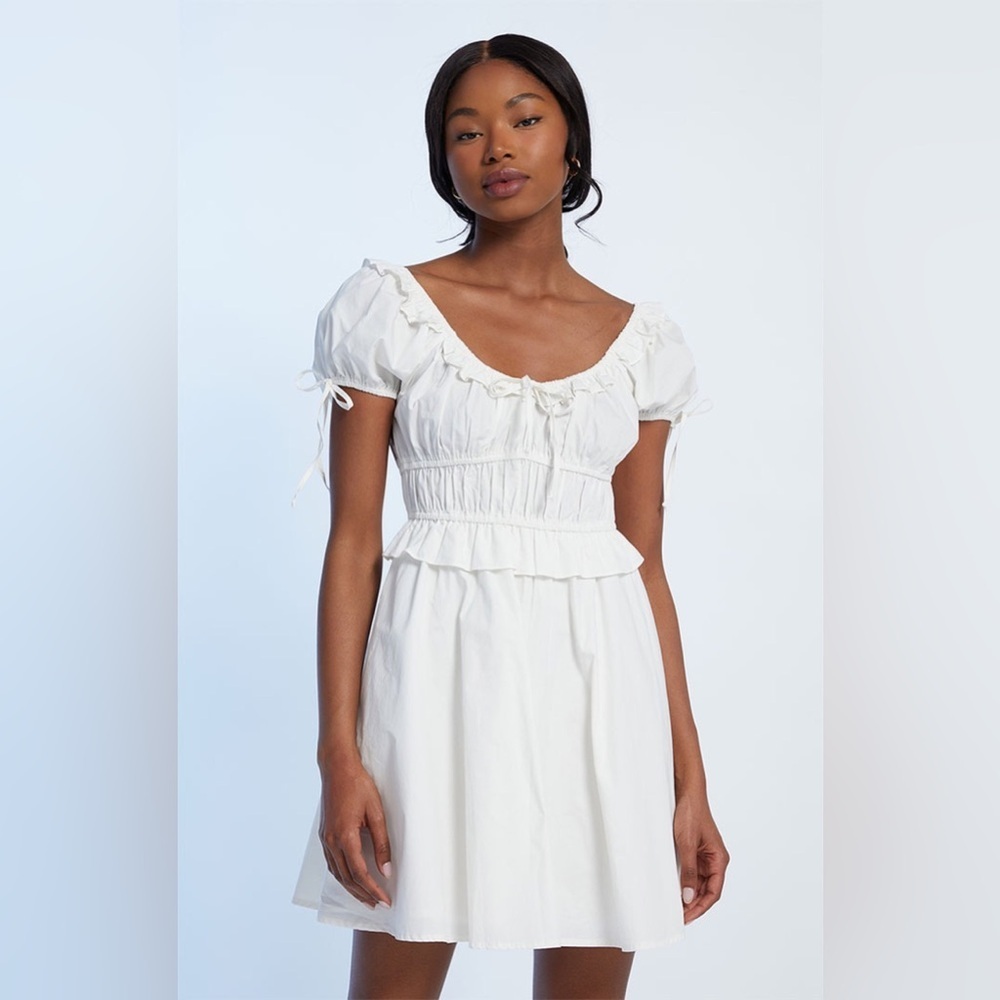 ☁️ White Tie Front Puff Sleeves Cotton Mini Dress - Picture 2 of 16